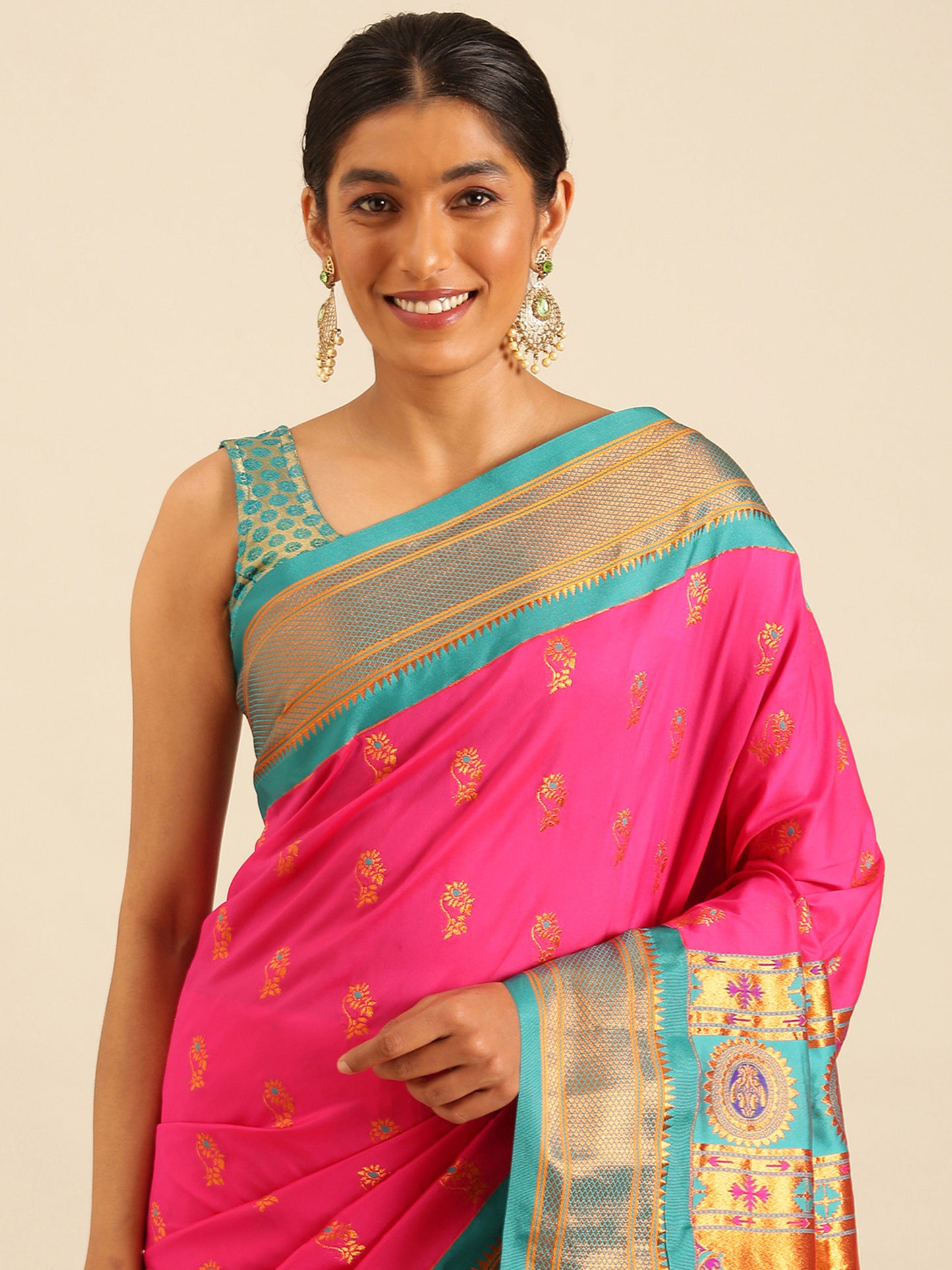 Ahilya Hot Pink & Rama Soft Silk Peshwai Nath Paithani Saree