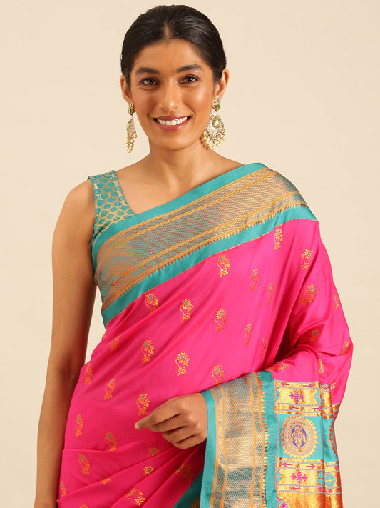 Ahilya Hot Pink & Rama Soft Silk Peshwai Nath Paithani Saree