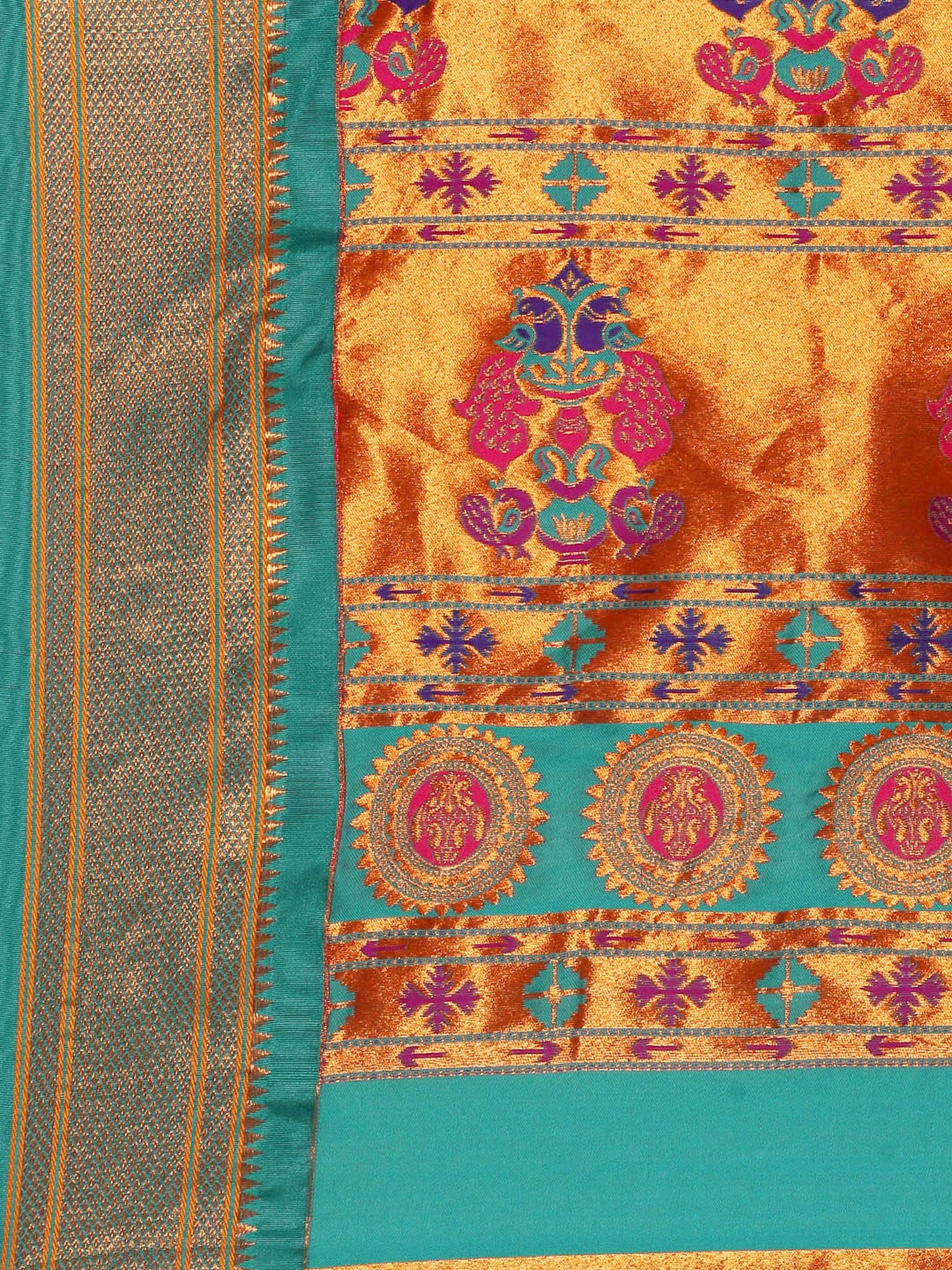 Ahilya Hot Pink & Rama Soft Silk Peshwai Nath Paithani Saree