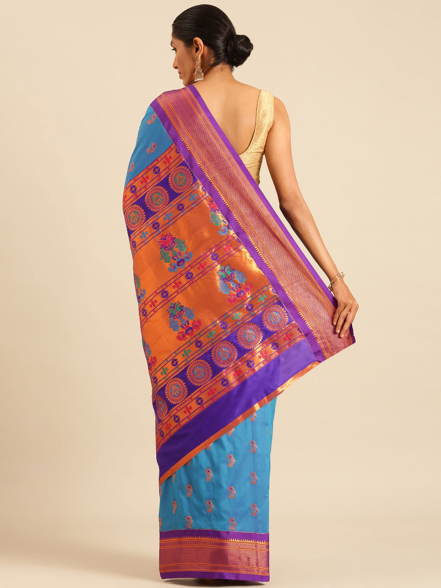 Ahilya Firozi & Violet Soft Silk Peshwai Nath Paithani Saree