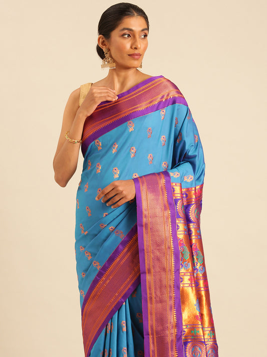 Ahilya Firozi & Violet Soft Silk Peshwai Nath Paithani Saree