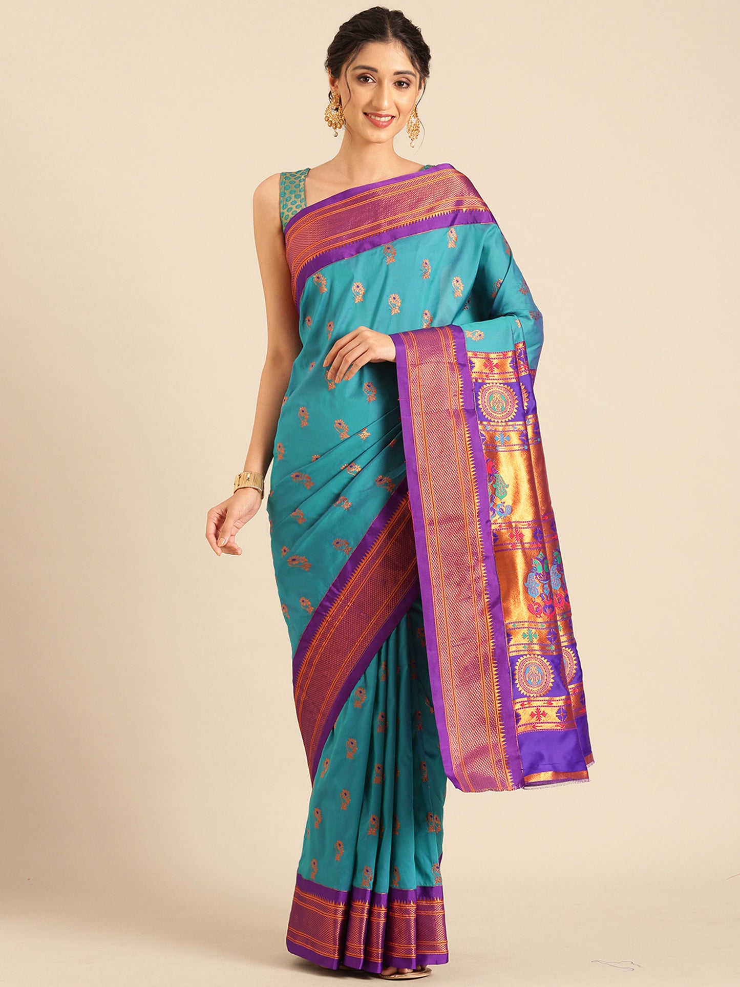 Ahilya Rama & Violet Soft Silk Peshwai Nath Paithani Saree