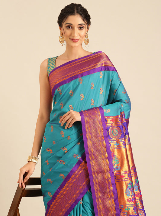 Ahilya Rama & Violet Soft Silk Peshwai Nath Paithani Saree