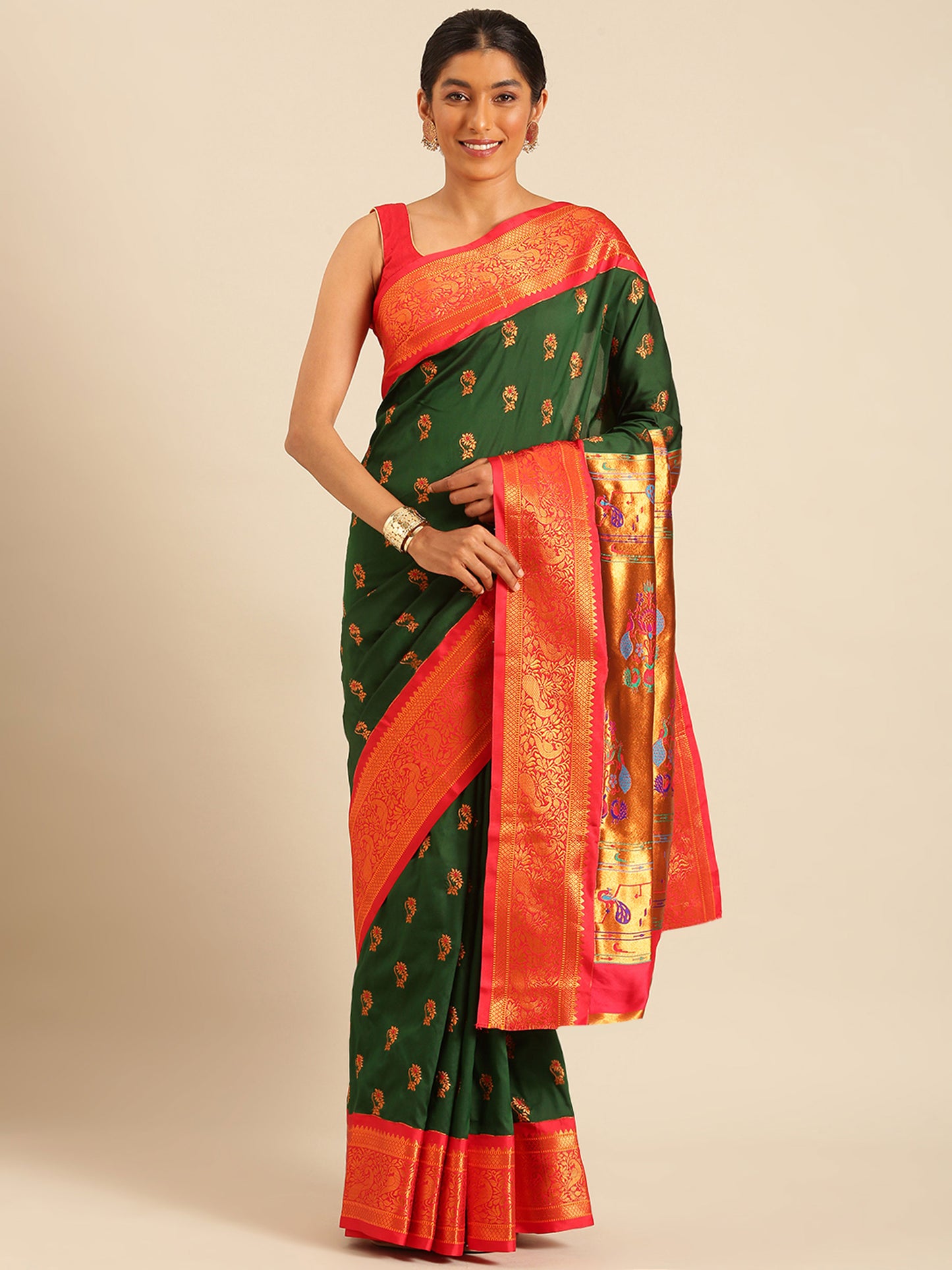 Sonkali Bottle Green & Red Soft Silk Peshwai Nath Paithani Saree