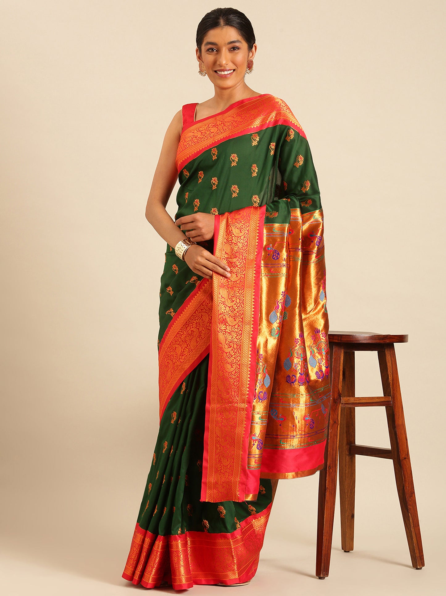 Sonkali Bottle Green & Red Soft Silk Peshwai Nath Paithani Saree