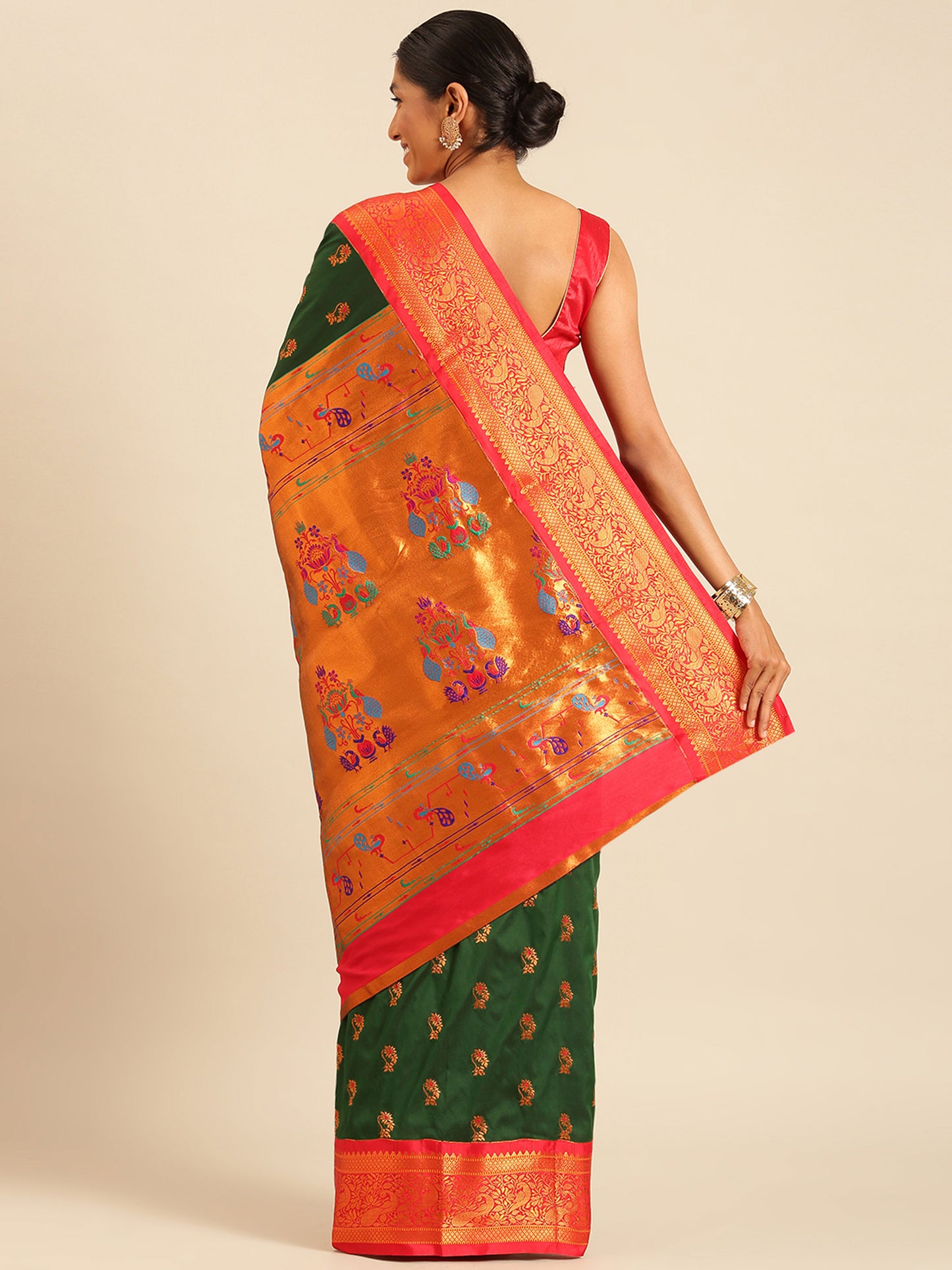 Sonkali Bottle Green & Red Soft Silk Peshwai Nath Paithani Saree