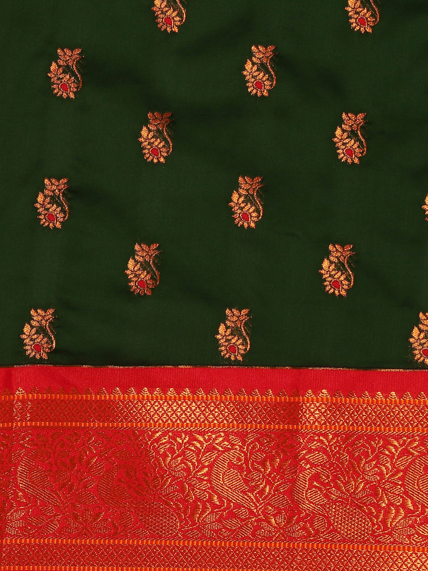 Sonkali Bottle Green & Red Soft Silk Peshwai Nath Paithani Saree