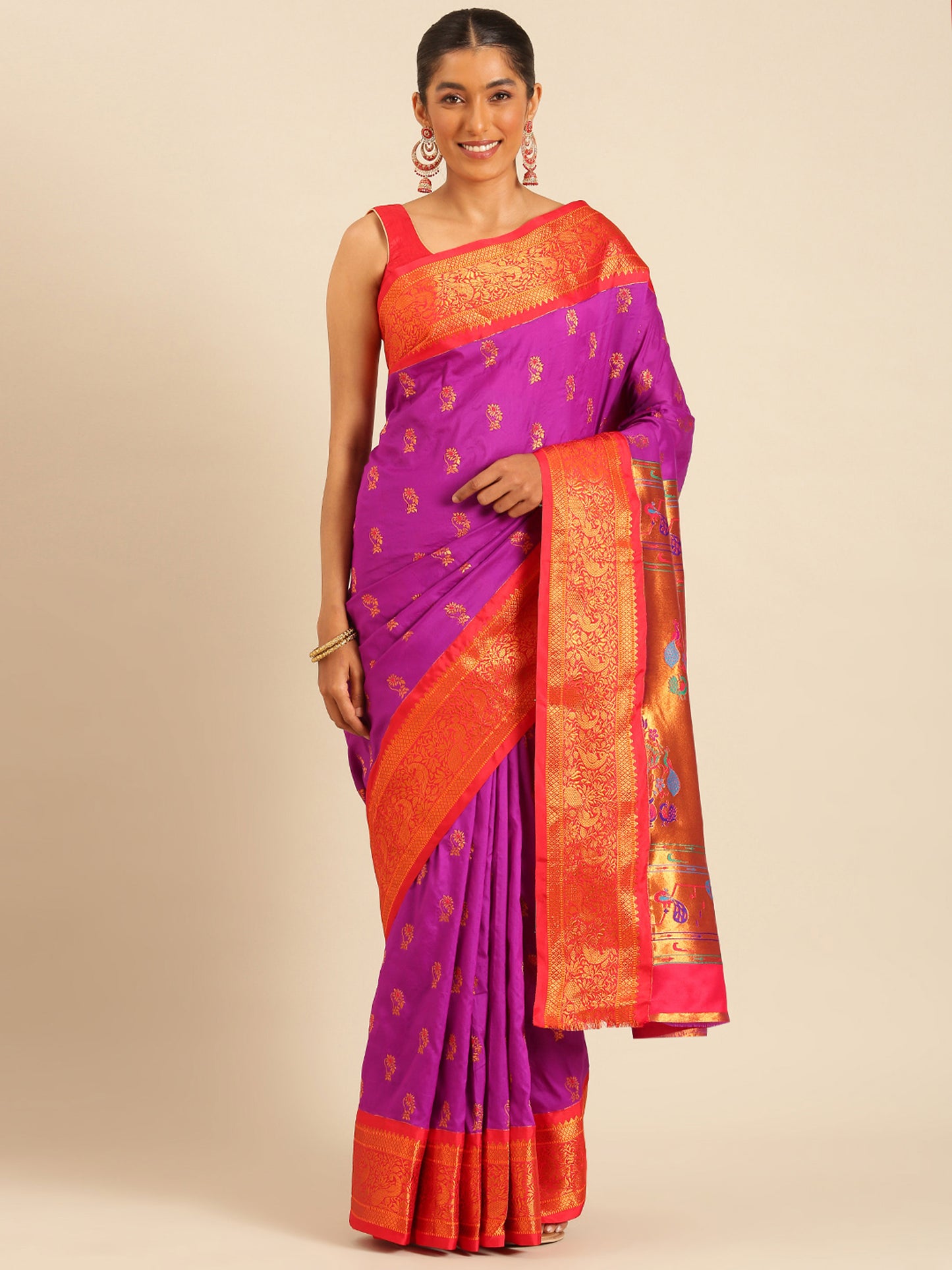 Sonkali Purple & Red Soft Silk Peshwai Nath Paithani Saree