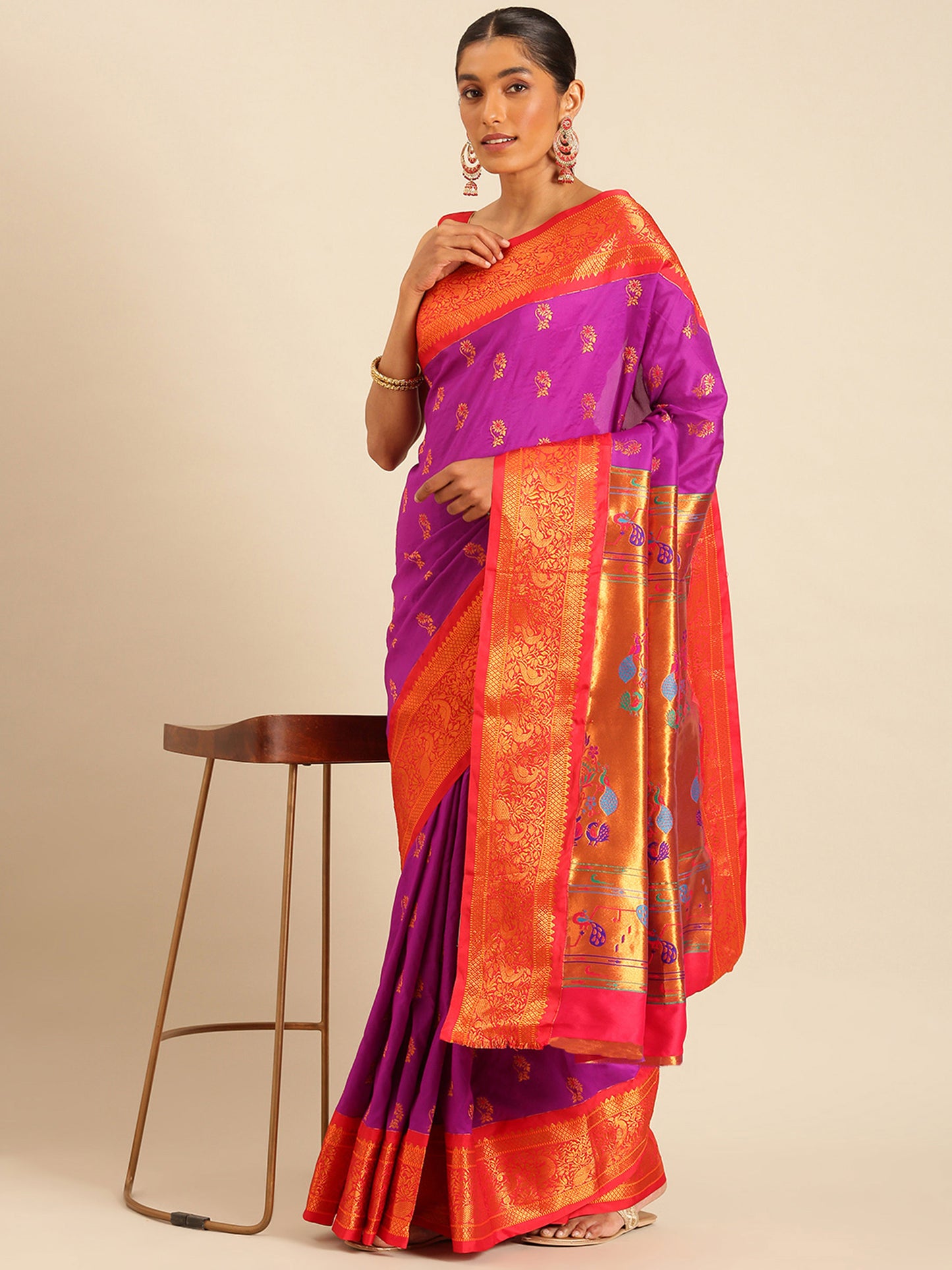 Sonkali Purple & Red Soft Silk Peshwai Nath Paithani Saree
