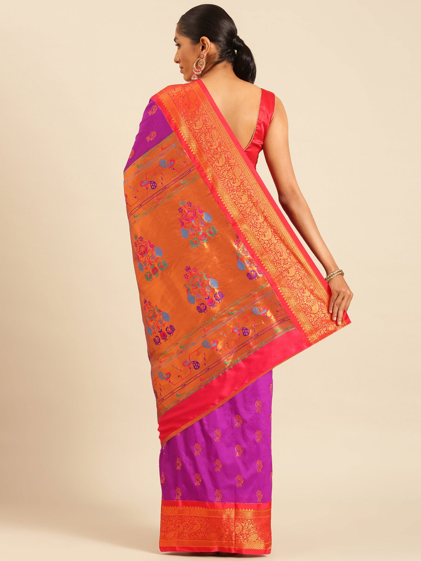 Sonkali Purple & Red Soft Silk Peshwai Nath Paithani Saree