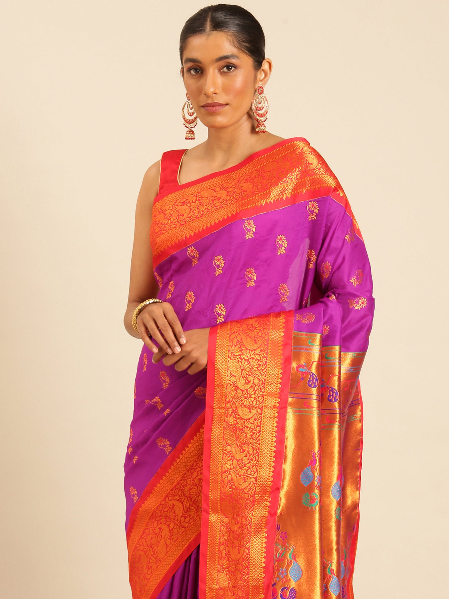 Sonkali Purple & Red Soft Silk Peshwai Nath Paithani Saree