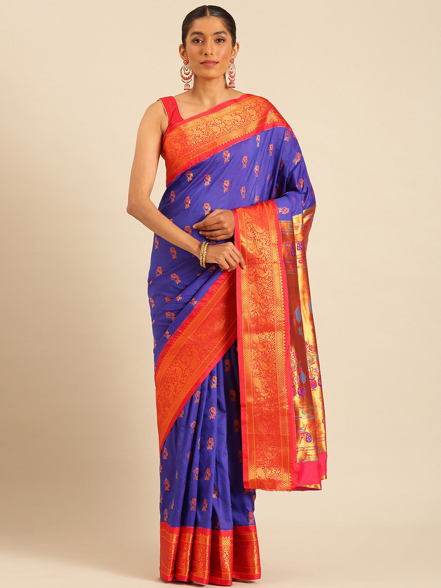 Sonkali Royal Blue & Red Soft Silk Peshwai Nath Paithani Saree