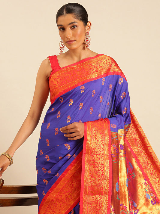 Sonkali Royal Blue & Red Soft Silk Peshwai Nath Paithani Saree