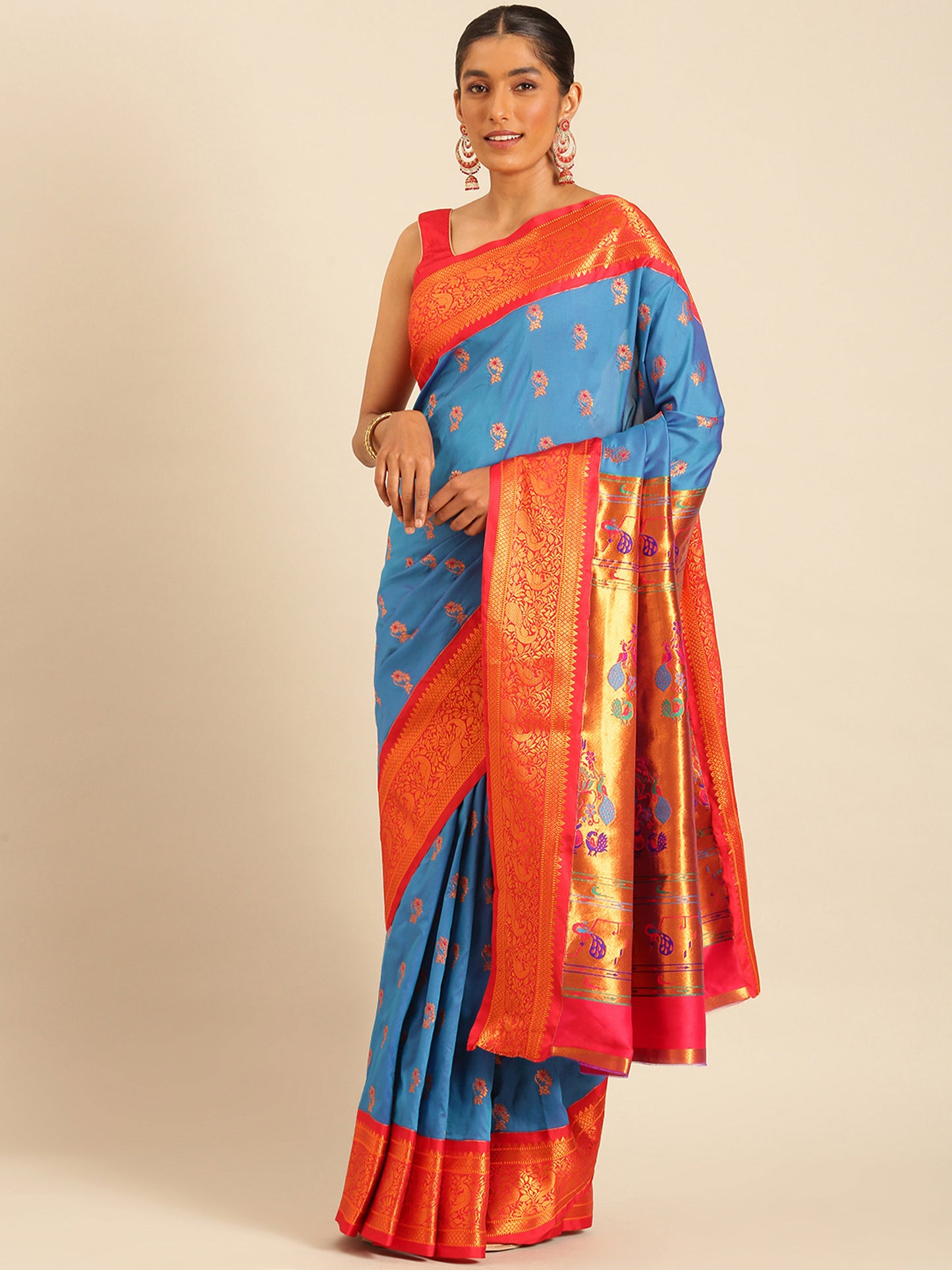 Sonkali Firozi & Red Soft Silk Peshwai Nath Paithani Saree
