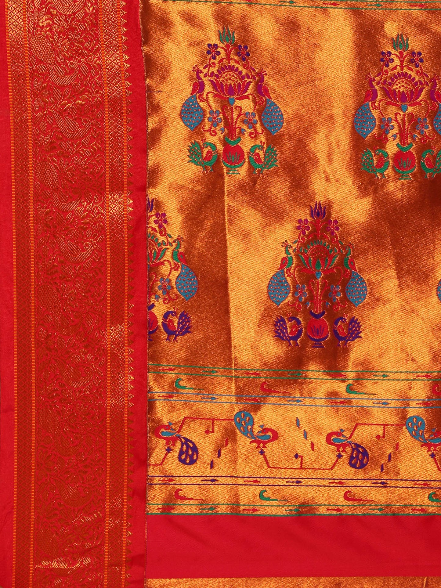 Sonkali Firozi & Red Soft Silk Peshwai Nath Paithani Saree