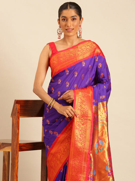 Sonkali Indigo Blue & Red Soft Silk Peshwai Nath Paithani Saree