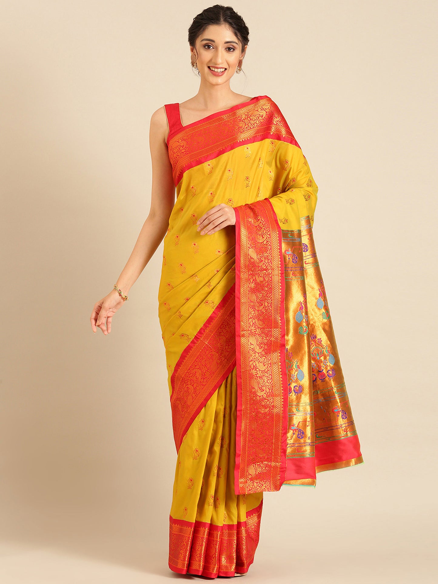 Sonkali Mustard & Red Soft Silk Peshwai Nath Paithani Saree