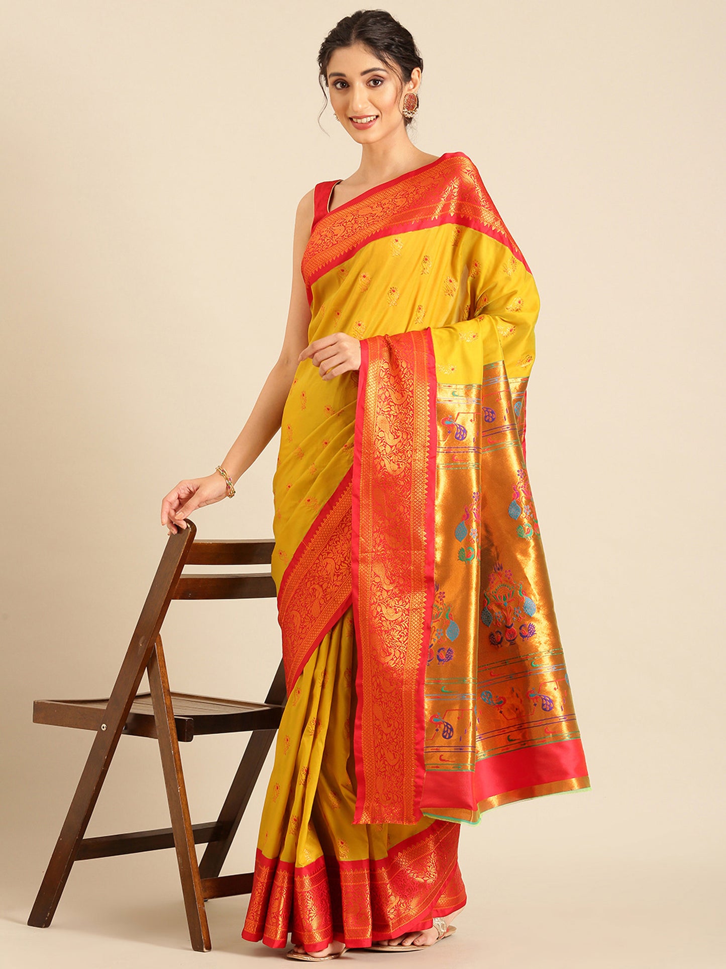Sonkali Mustard & Red Soft Silk Peshwai Nath Paithani Saree