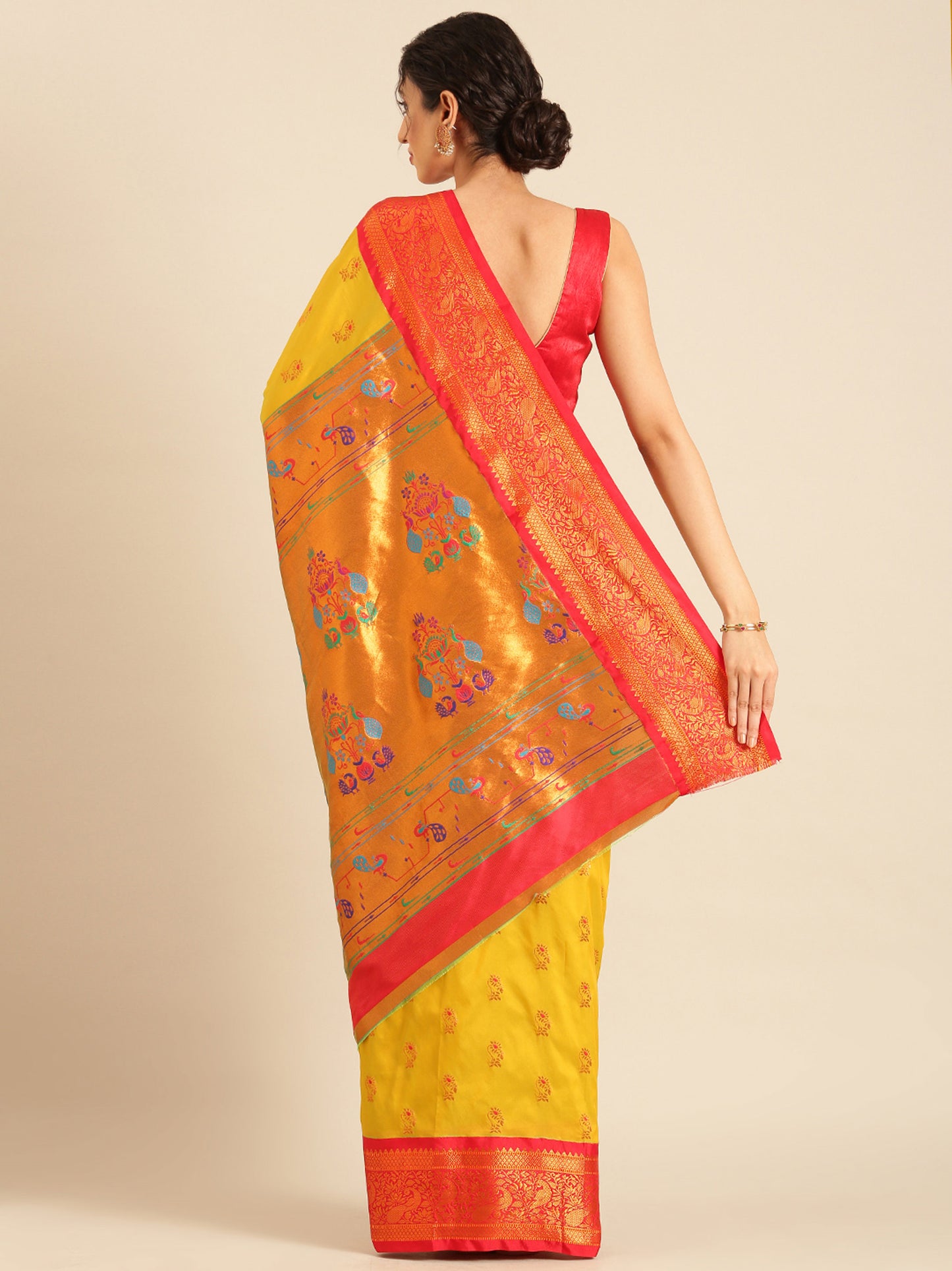 Sonkali Mustard & Red Soft Silk Peshwai Nath Paithani Saree