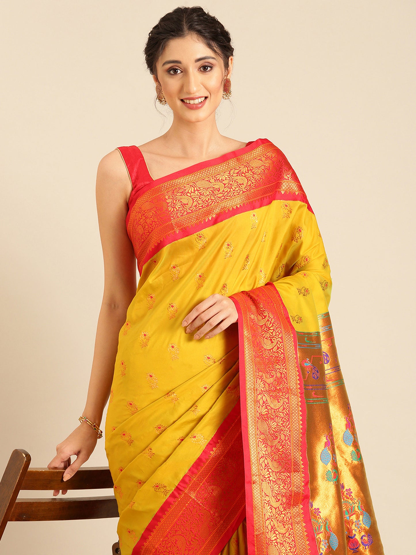 Sonkali Mustard & Red Soft Silk Peshwai Nath Paithani Saree