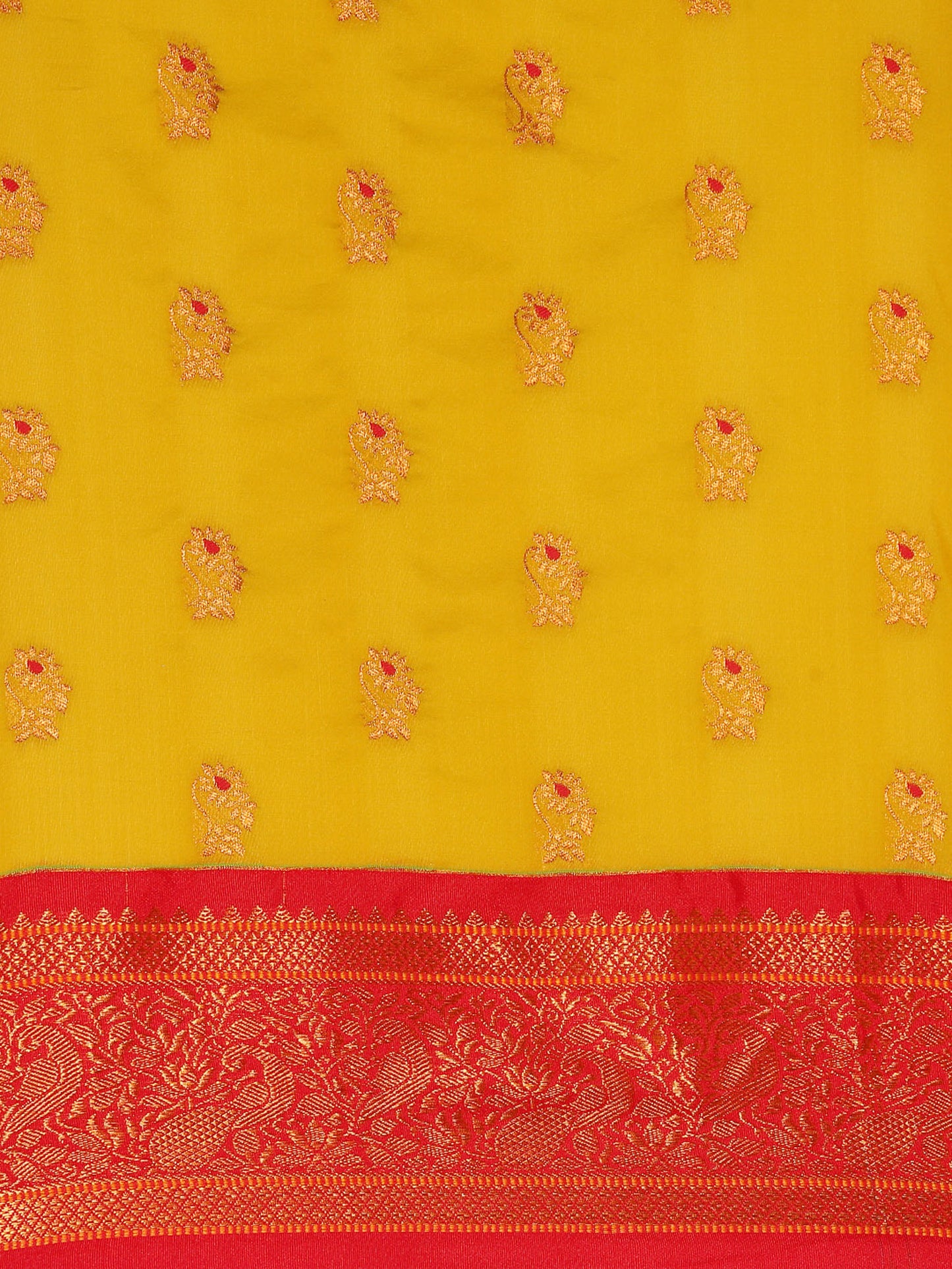 Sonkali Mustard & Red Soft Silk Peshwai Nath Paithani Saree