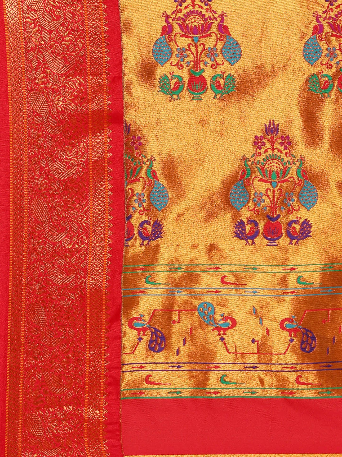 Sonkali Mustard & Red Soft Silk Peshwai Nath Paithani Saree