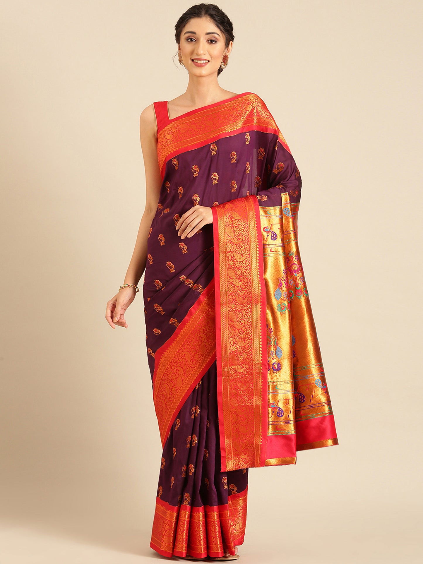 Sonkali Maroon & Red Soft Silk Peshwai Nath Paithani Saree