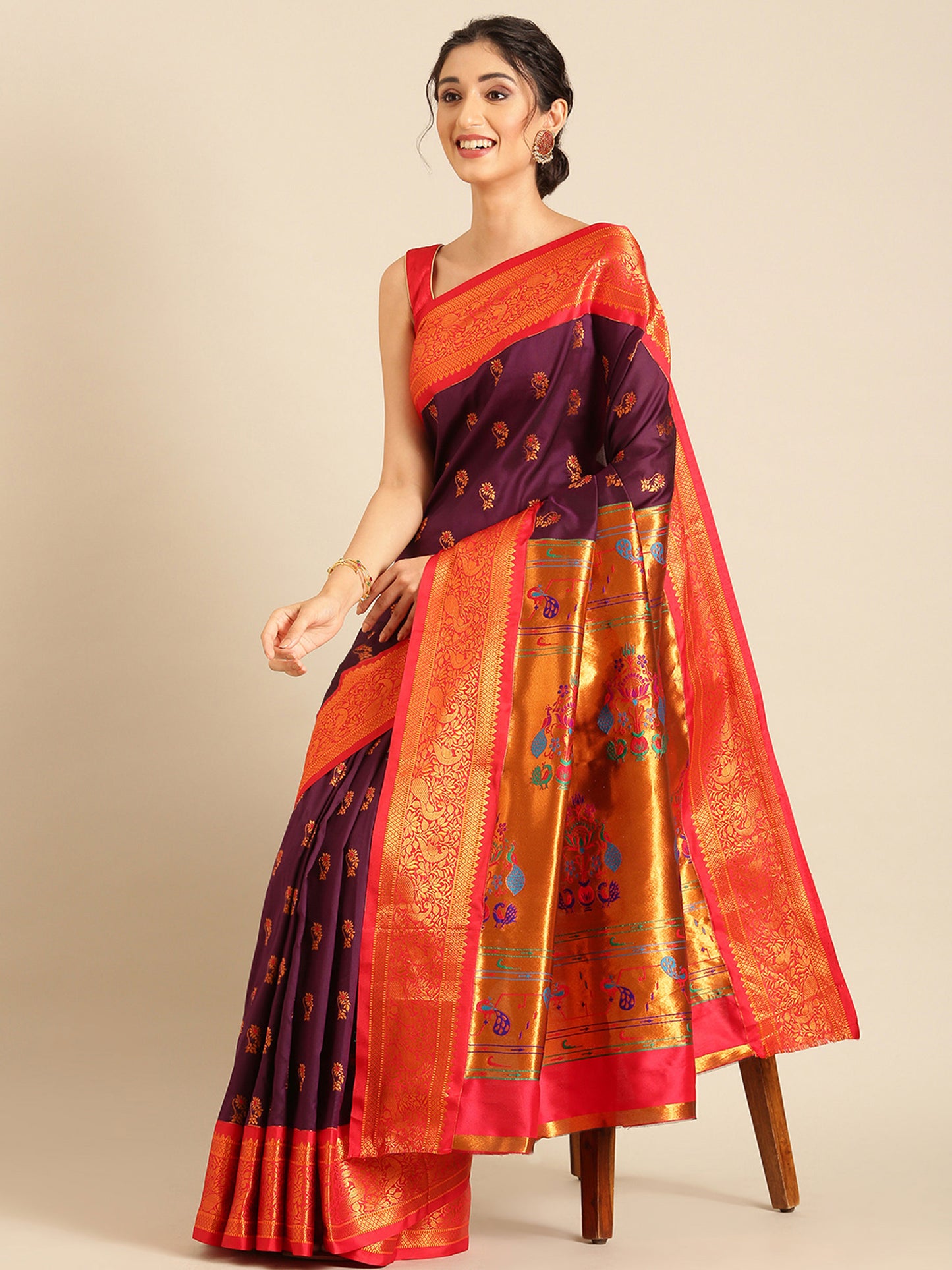 Sonkali Maroon & Red Soft Silk Peshwai Nath Paithani Saree