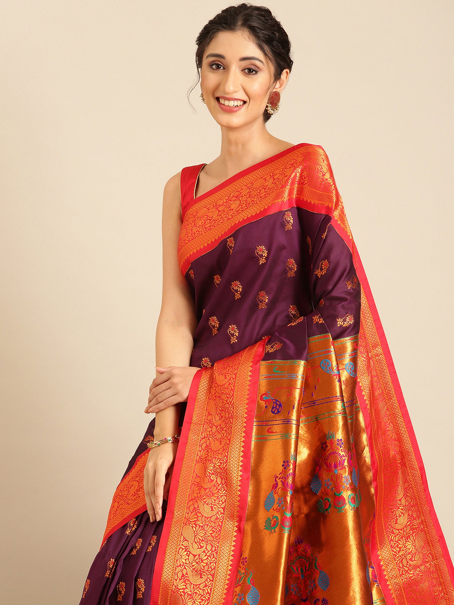 Sonkali Maroon & Red Soft Silk Peshwai Nath Paithani Saree