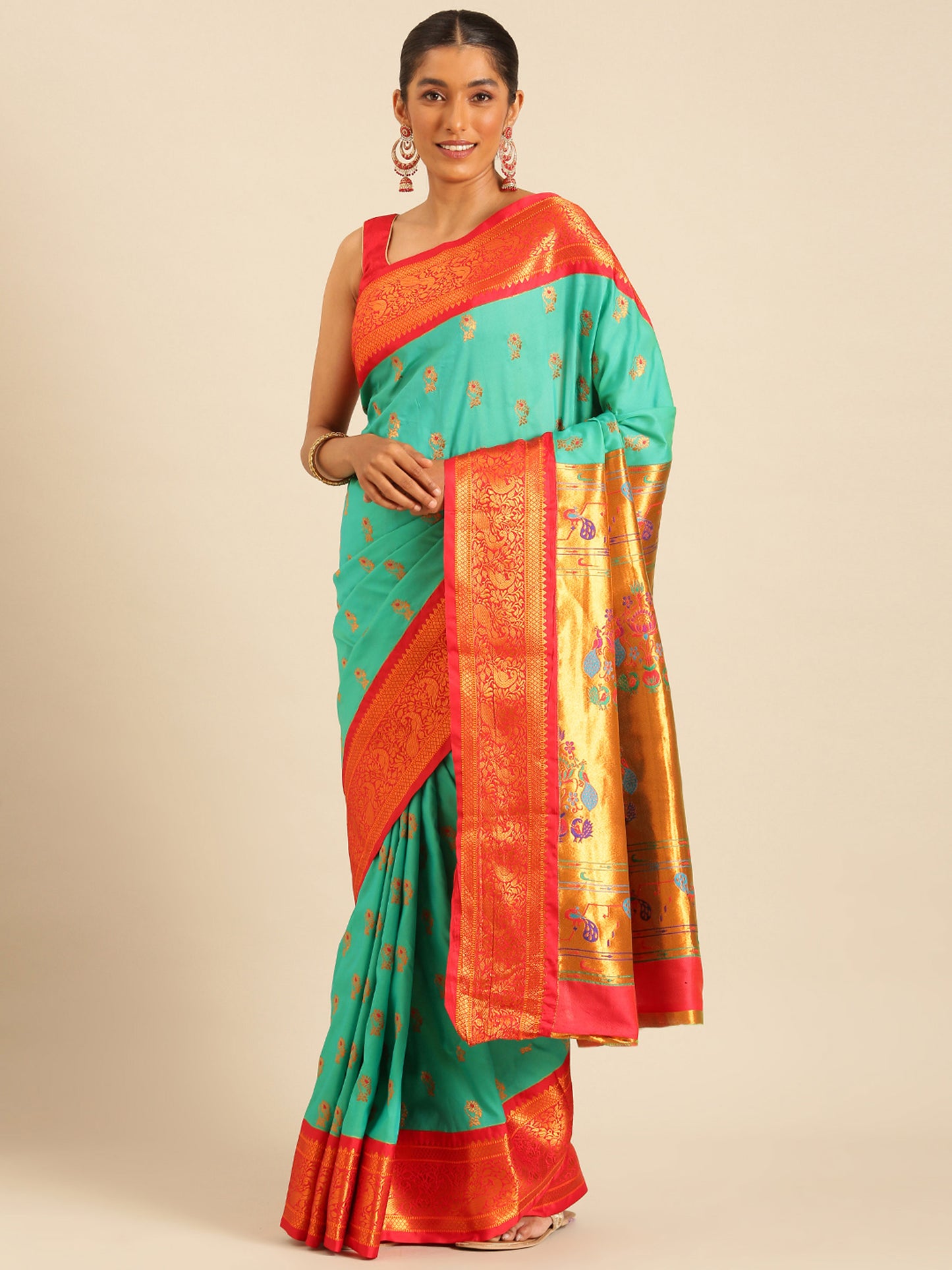 Sonkali Sea Green & Red Soft Silk Peshwai Nath Paithani Saree