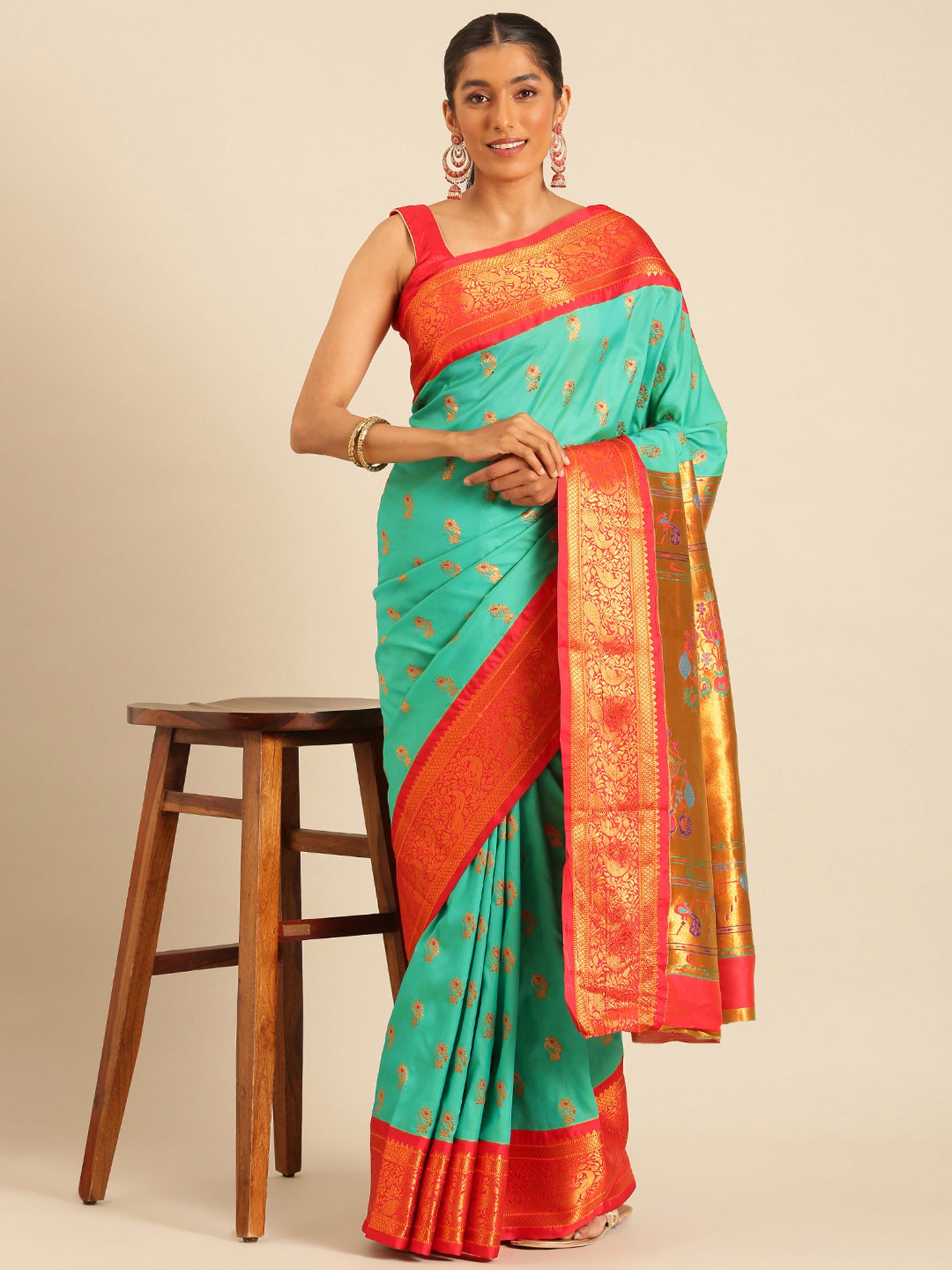 Sonkali Sea Green & Red Soft Silk Peshwai Nath Paithani Saree