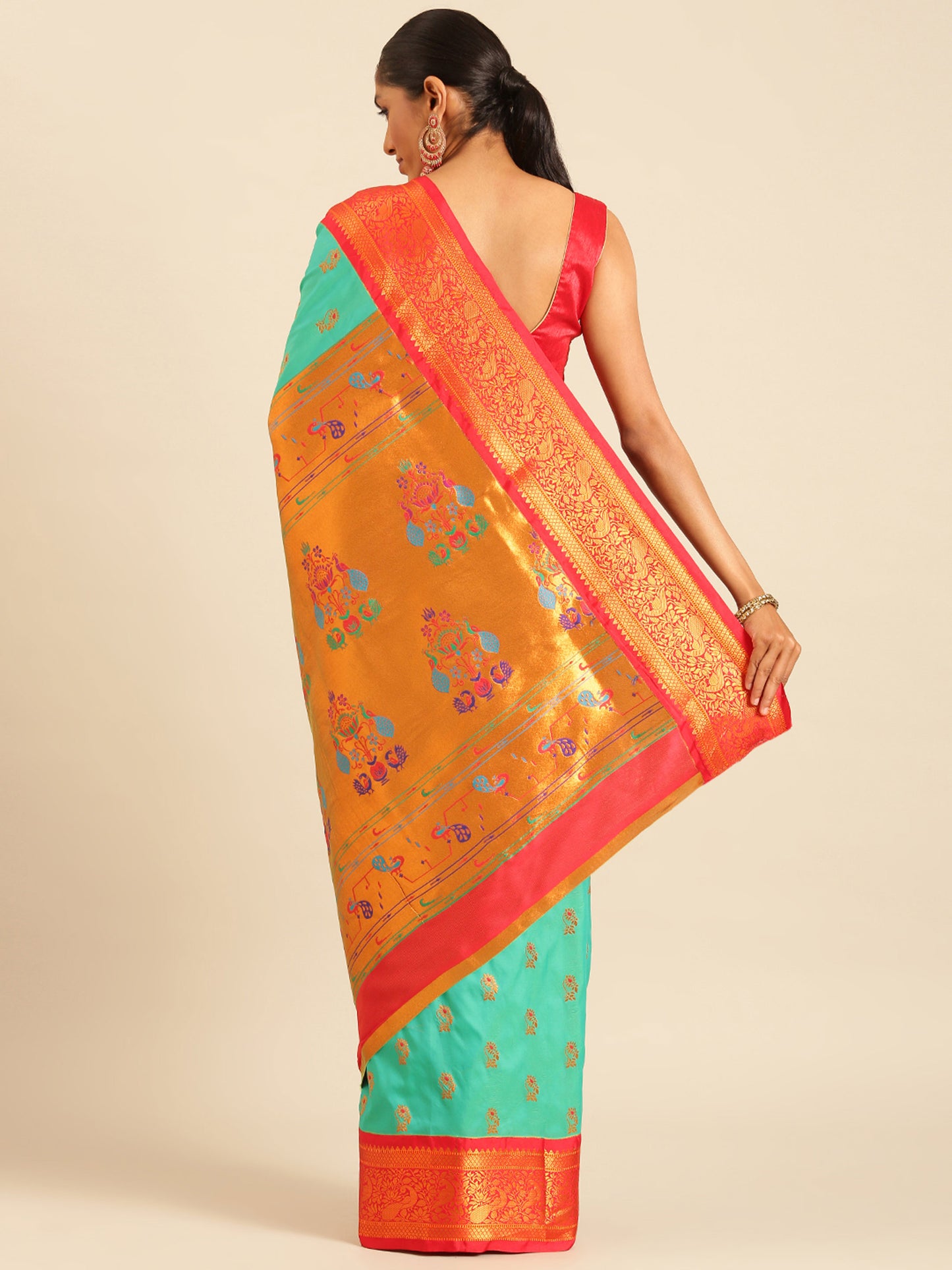 Sonkali Sea Green & Red Soft Silk Peshwai Nath Paithani Saree