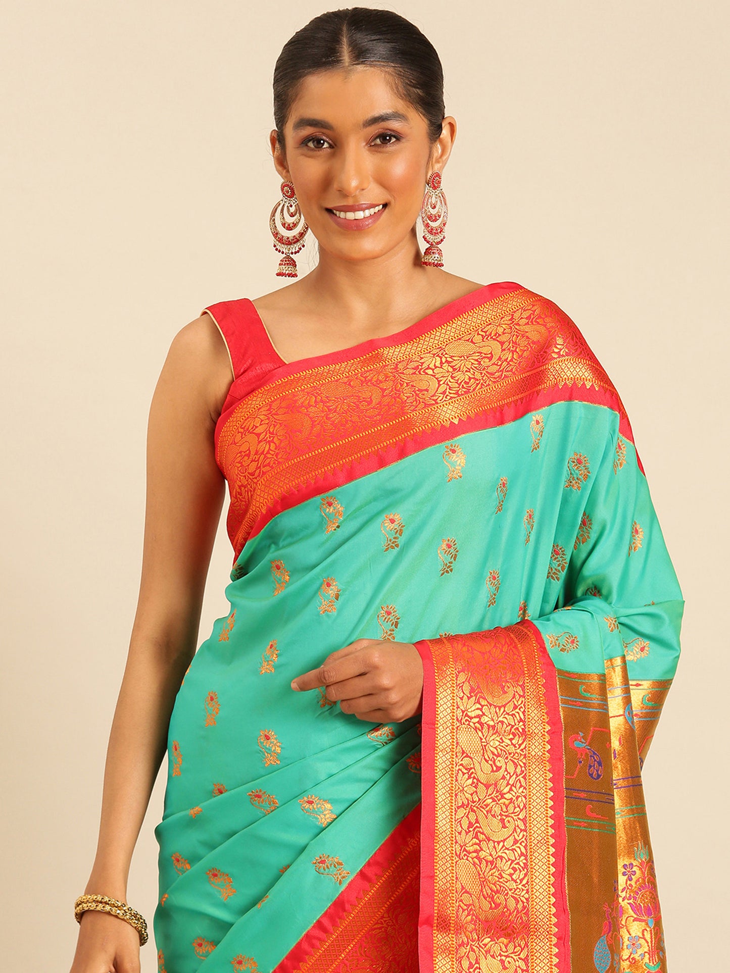Sonkali Sea Green & Red Soft Silk Peshwai Nath Paithani Saree