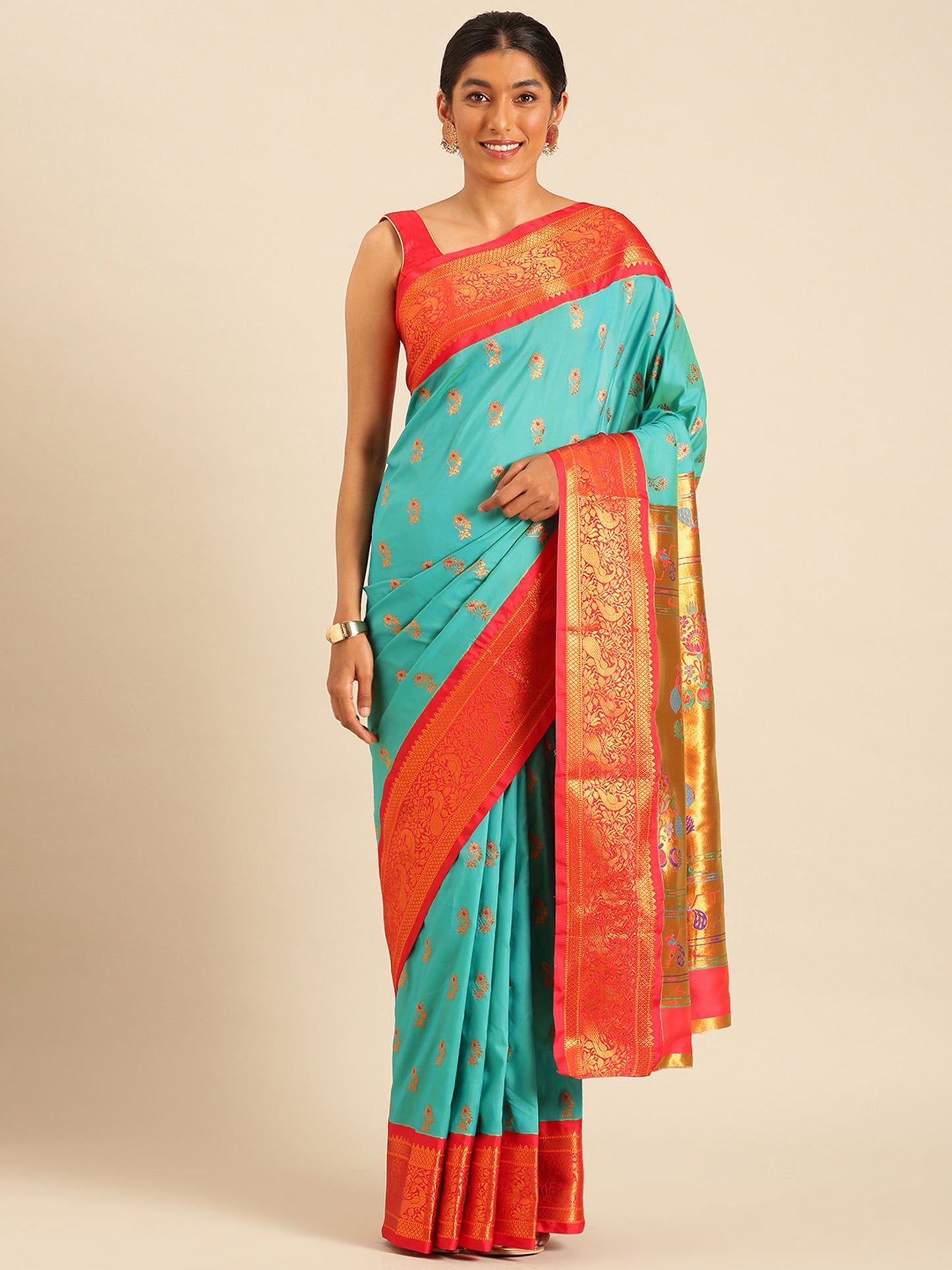 Sonkali Chintamani & Red Soft Silk Peshwai Nath Paithani Saree