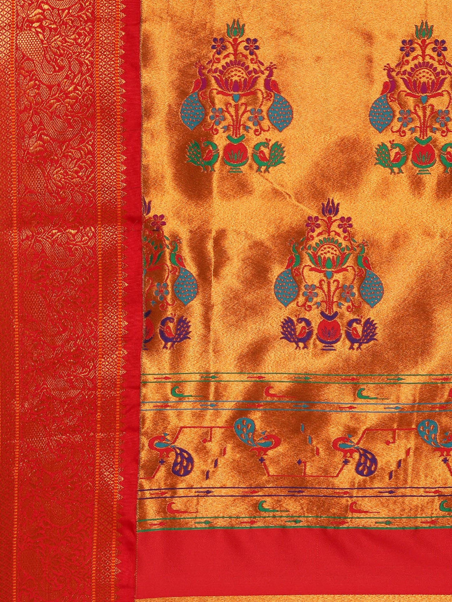 Sonkali Chintamani & Red Soft Silk Peshwai Nath Paithani Saree