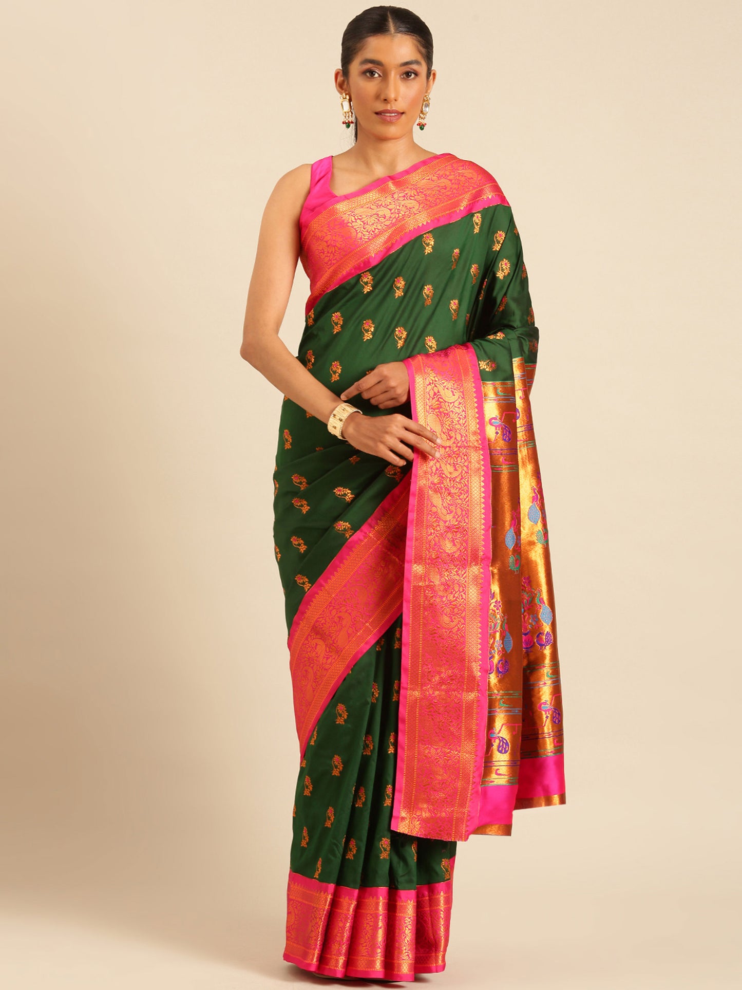 Sonkali Bottle Green & Pink Soft Silk Peshwai Nath Paithani Saree