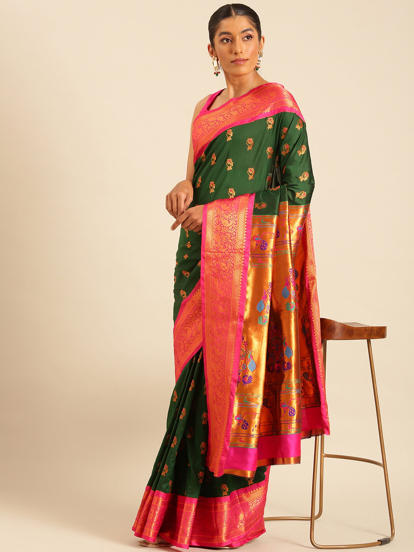 Sonkali Bottle Green & Pink Soft Silk Peshwai Nath Paithani Saree