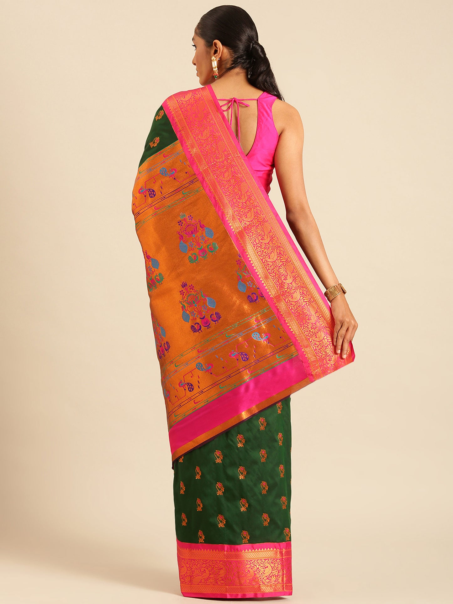 Sonkali Bottle Green & Pink Soft Silk Peshwai Nath Paithani Saree