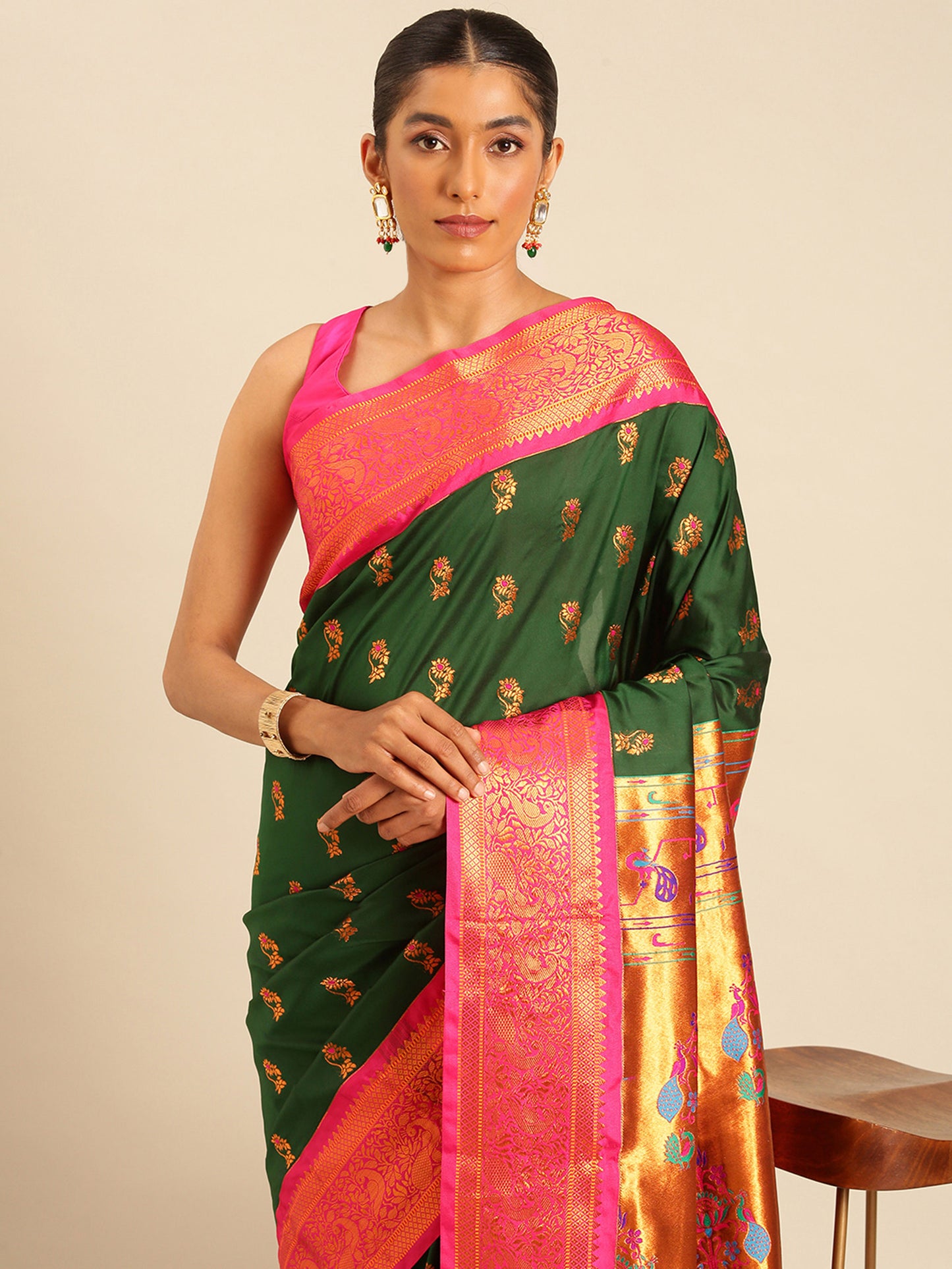 Sonkali Bottle Green & Pink Soft Silk Peshwai Nath Paithani Saree