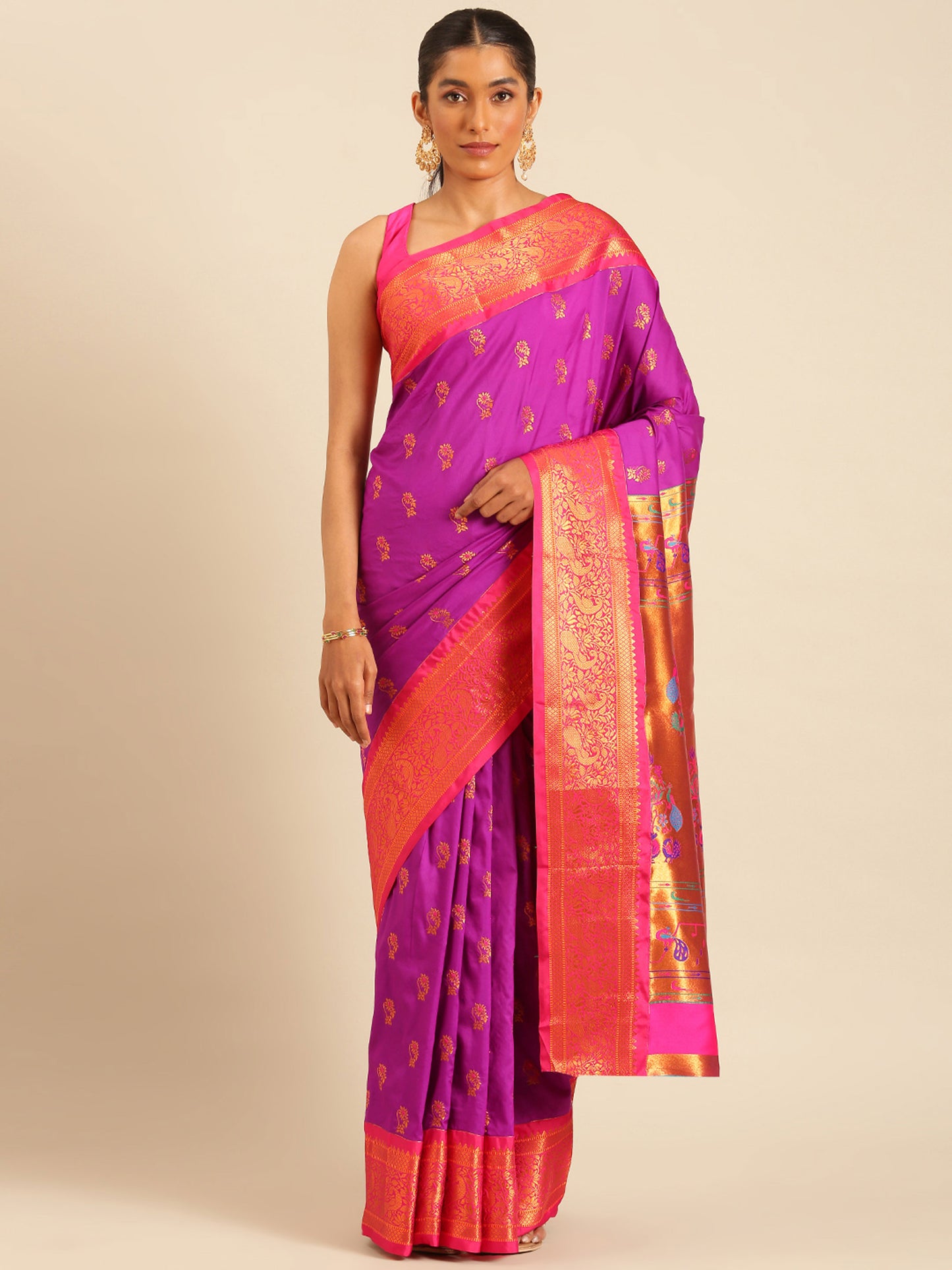Sonkali Purple & Pink Soft Silk Peshwai Nath Paithani Saree
