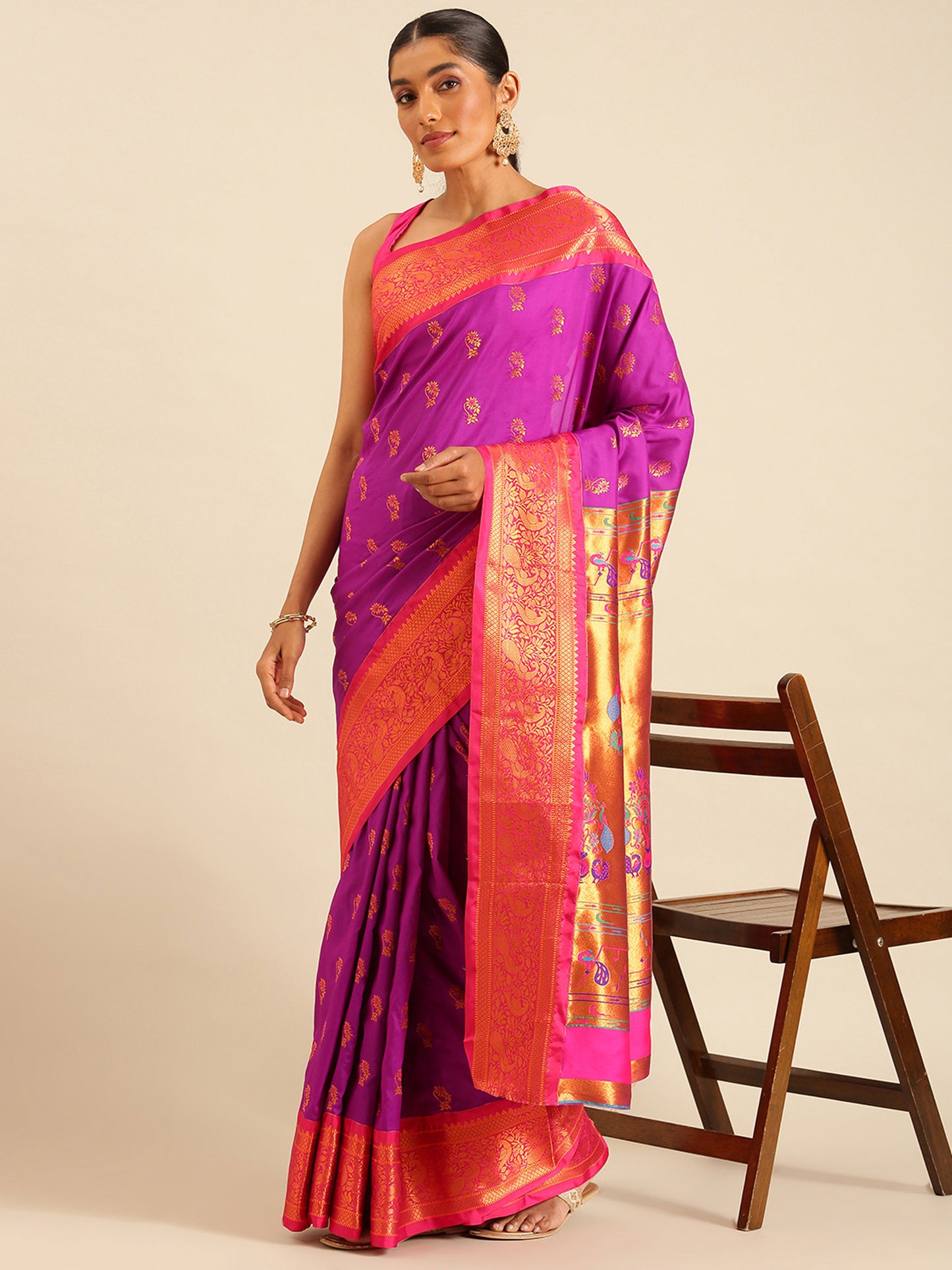 Sonkali Purple & Pink Soft Silk Peshwai Nath Paithani Saree