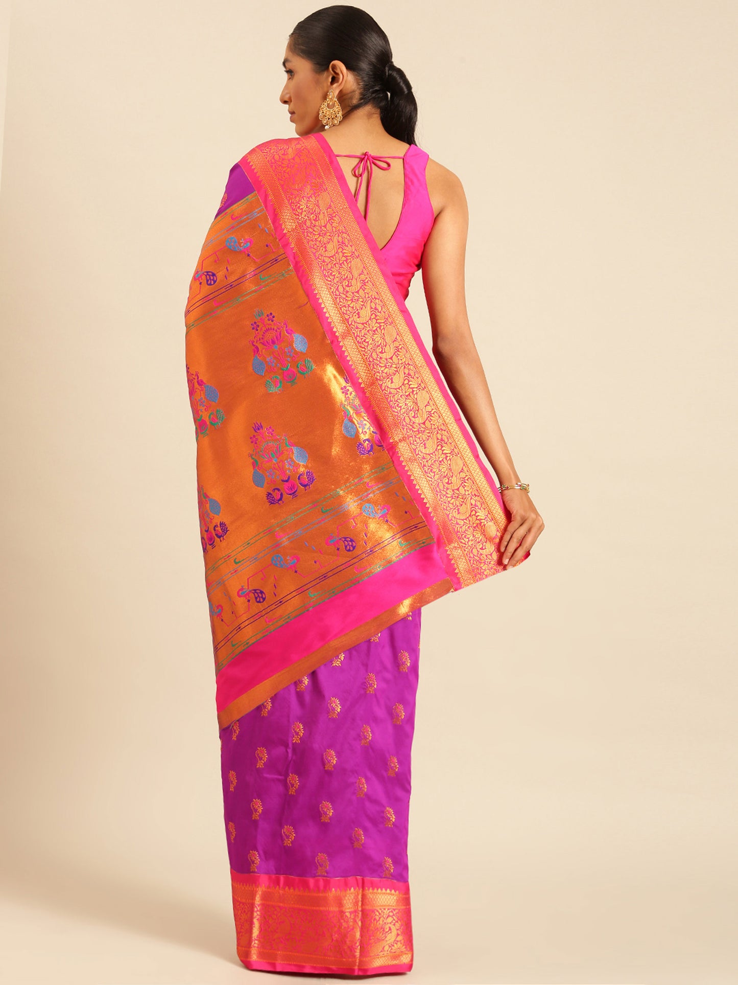 Sonkali Purple & Pink Soft Silk Peshwai Nath Paithani Saree