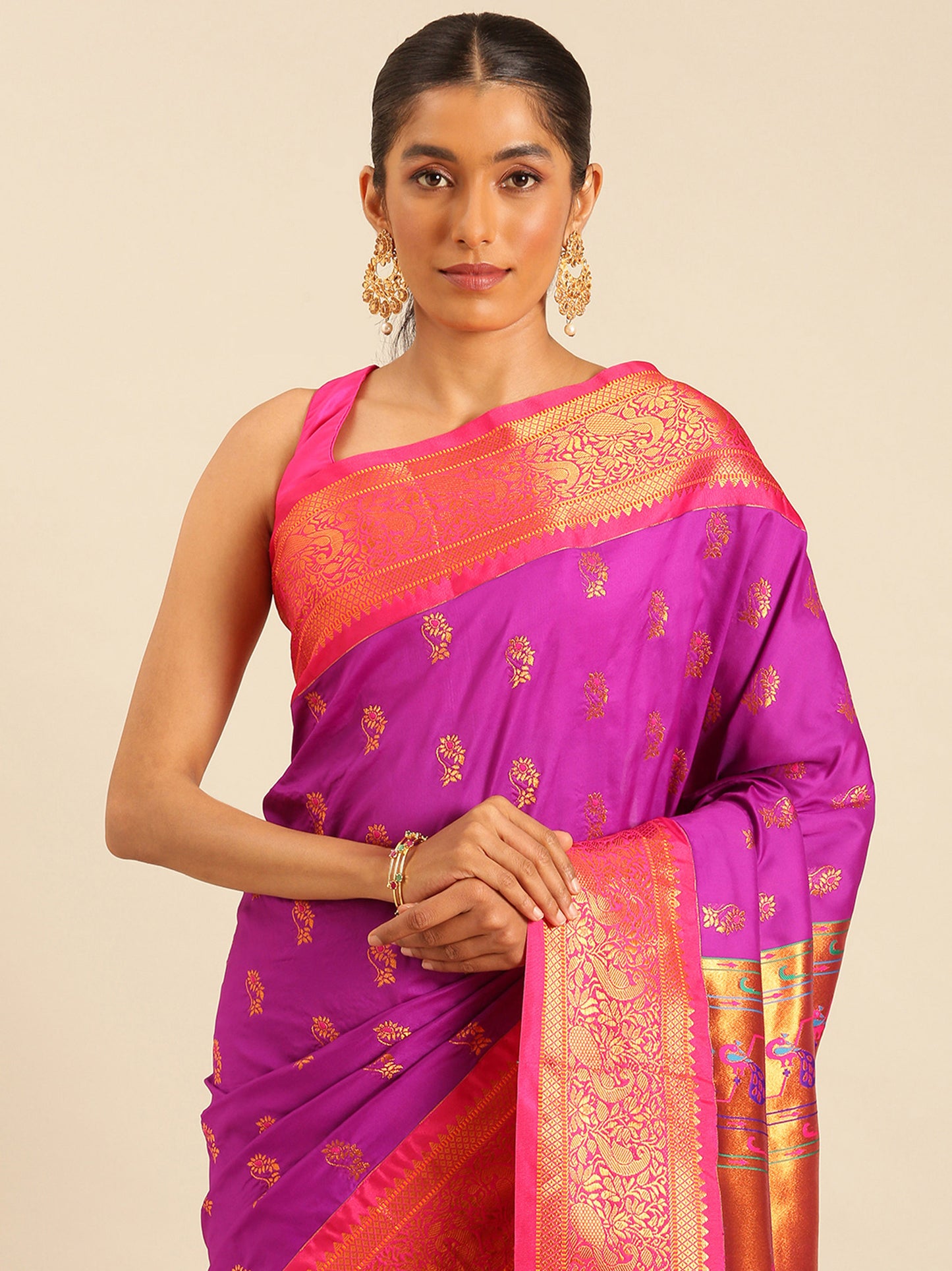 Sonkali Purple & Pink Soft Silk Peshwai Nath Paithani Saree