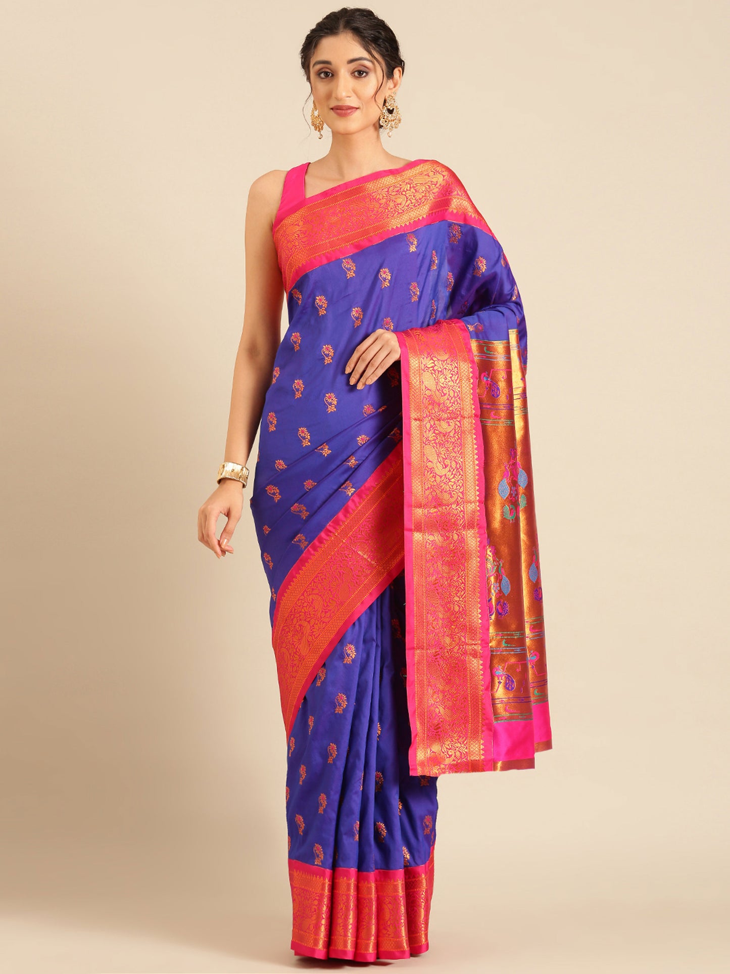 Sonkali Royal Blue & Pink Soft Silk Peshwai Nath Paithani Saree
