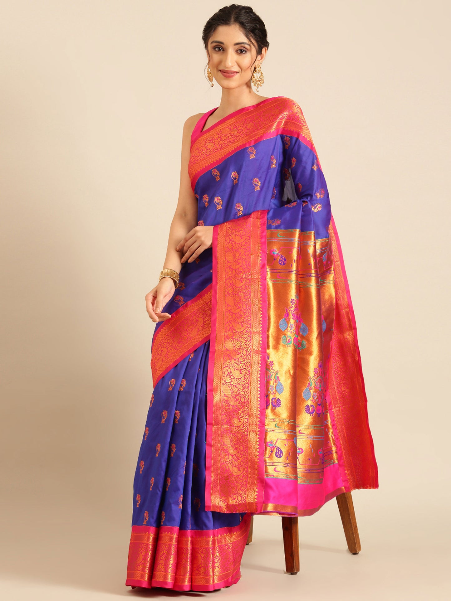 Sonkali Royal Blue & Pink Soft Silk Peshwai Nath Paithani Saree