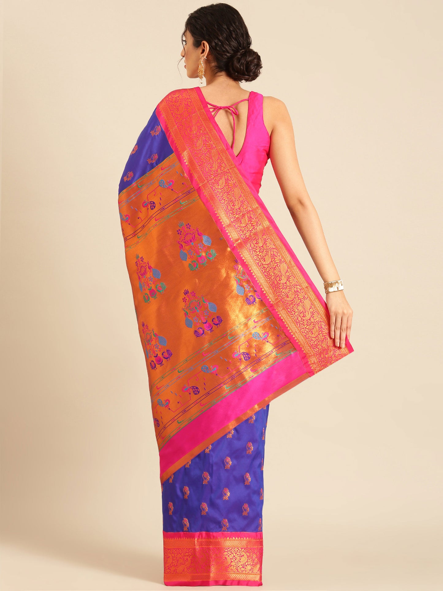 Sonkali Royal Blue & Pink Soft Silk Peshwai Nath Paithani Saree