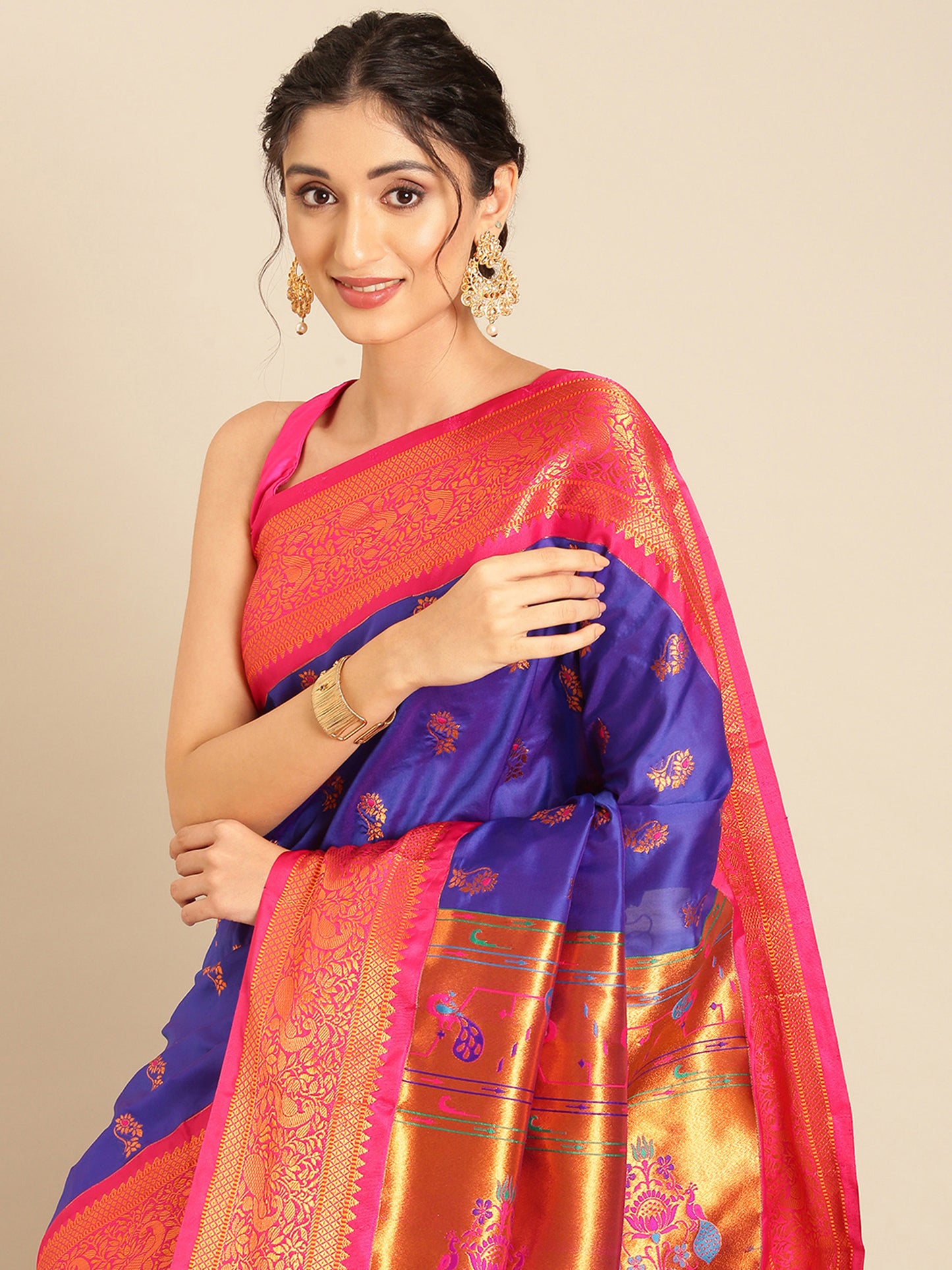 Sonkali Royal Blue & Pink Soft Silk Peshwai Nath Paithani Saree