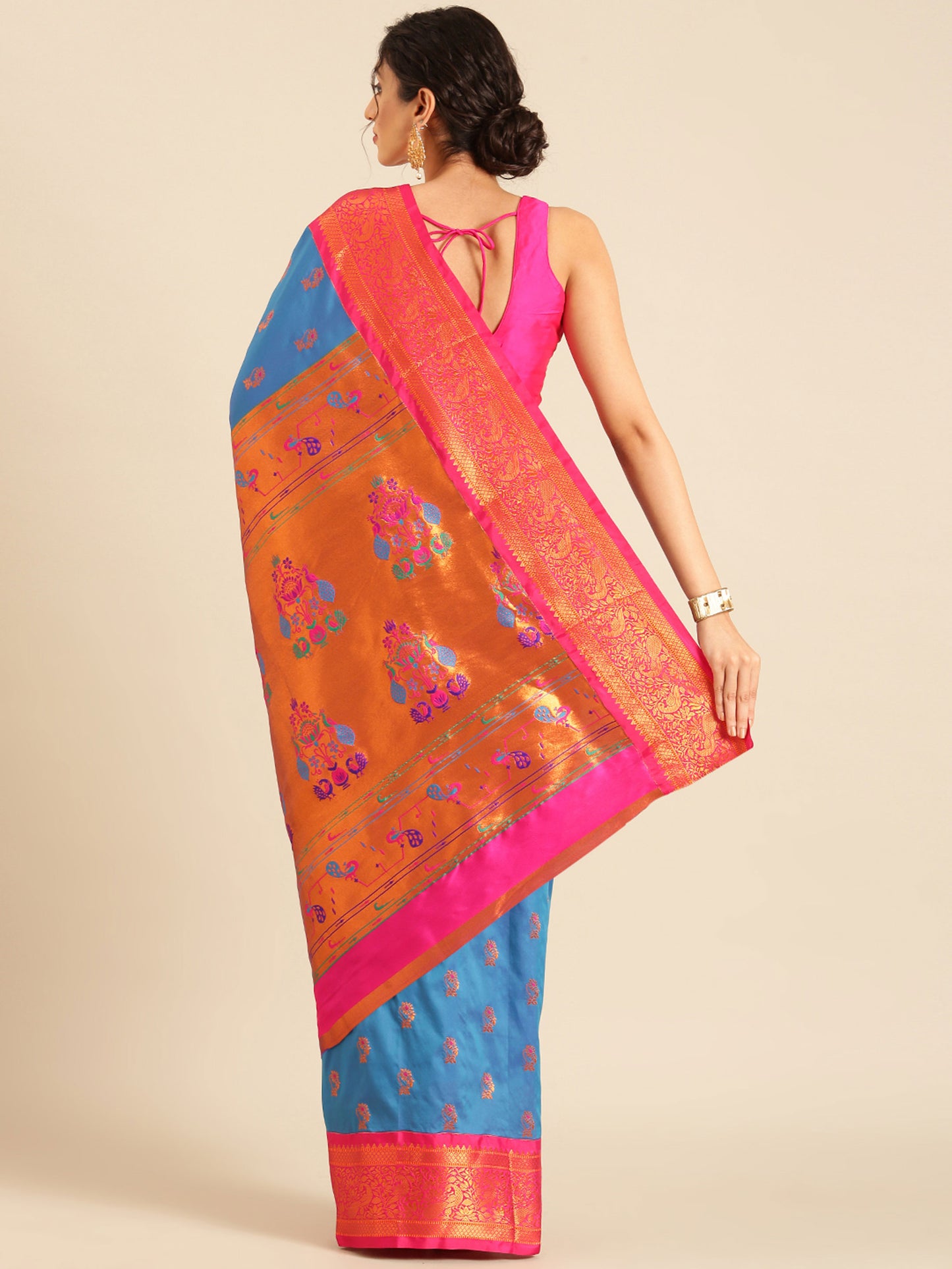 Sonkali Firozi & Pink Soft Silk Peshwai Nath Paithani Saree