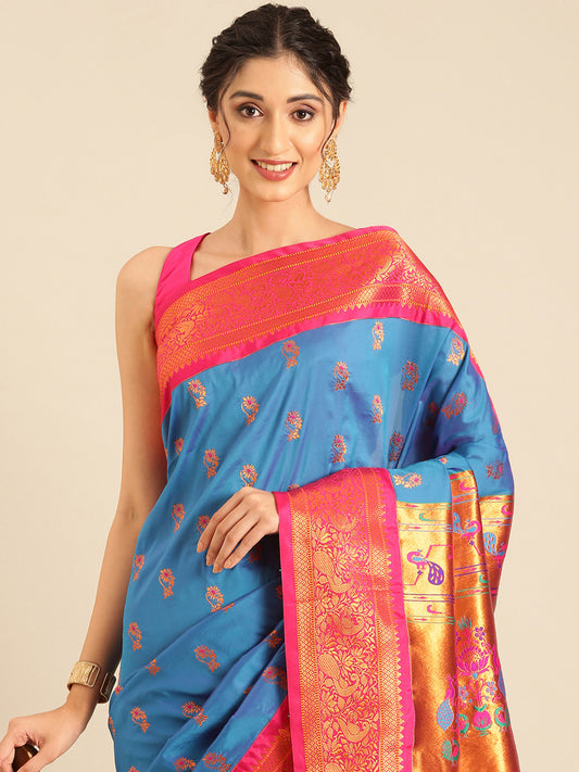 Sonkali Firozi & Pink Soft Silk Peshwai Nath Paithani Saree
