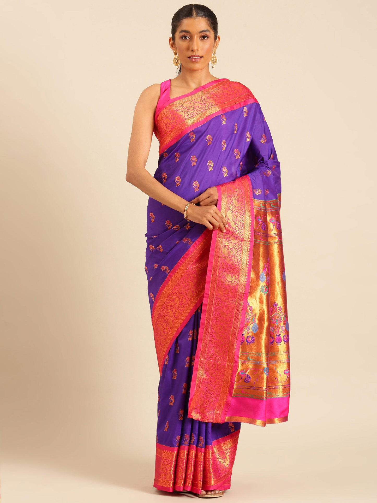 Sonkali Indigo Blue & Pink Soft Silk Peshwai Nath Paithani Saree